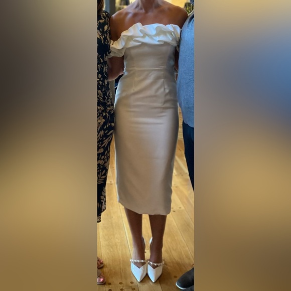 WHITE OFF SHOULDER FRILL MIDI DRESS - Picture 2 of 3